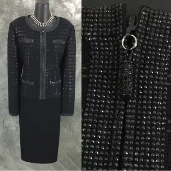 BEAUTIFUL St John evening black rhinestones embellished skirt suit size 14